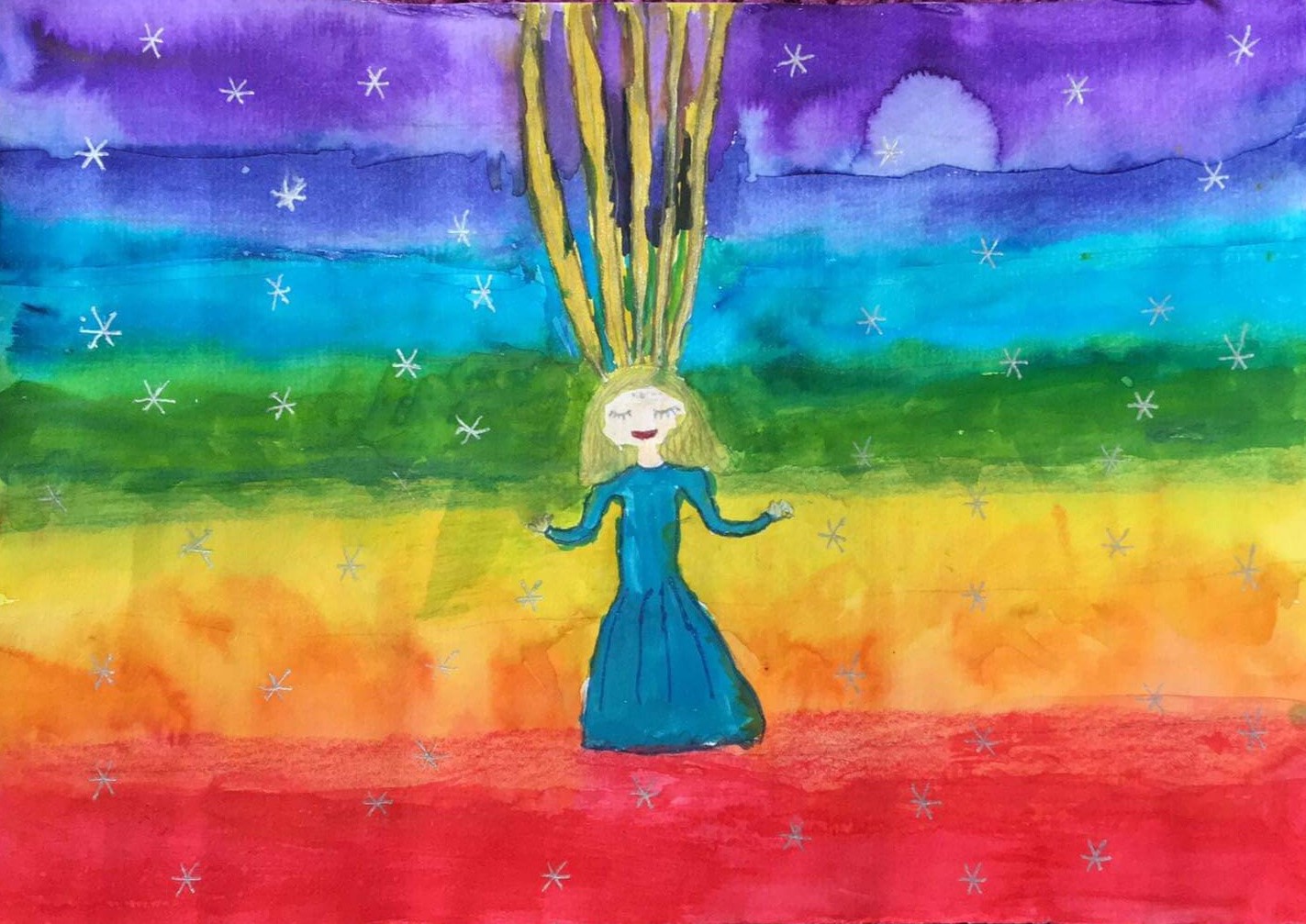 10 éves leány festménye. Angyalként érkezik a Földre, hogy az embereket a szépségre, finomságra tanítsa, saját magával példát adva.