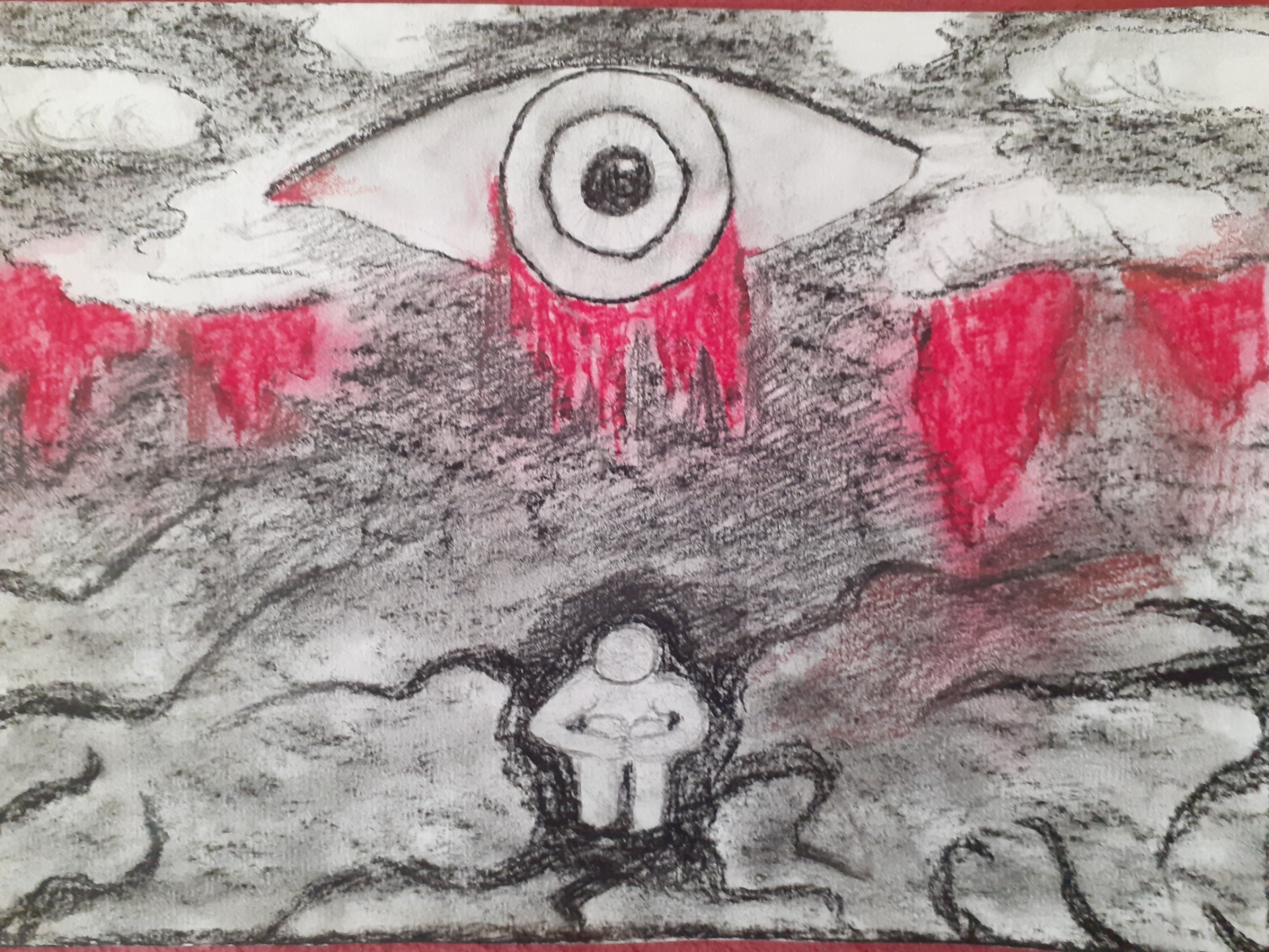 Egy 8 éves kislány festménye a születéséről, a császármetszés emléke. A közös relaxáció-meditációban látta meg így.